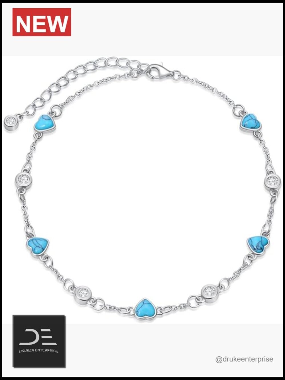 925 Sterling Silver Turquoise Stone Heart Anklet Bracelet Women Beach Jewelry